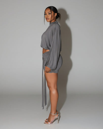 FINNA One-Sleeve Turtleneck Top & Ruched Skirt Set