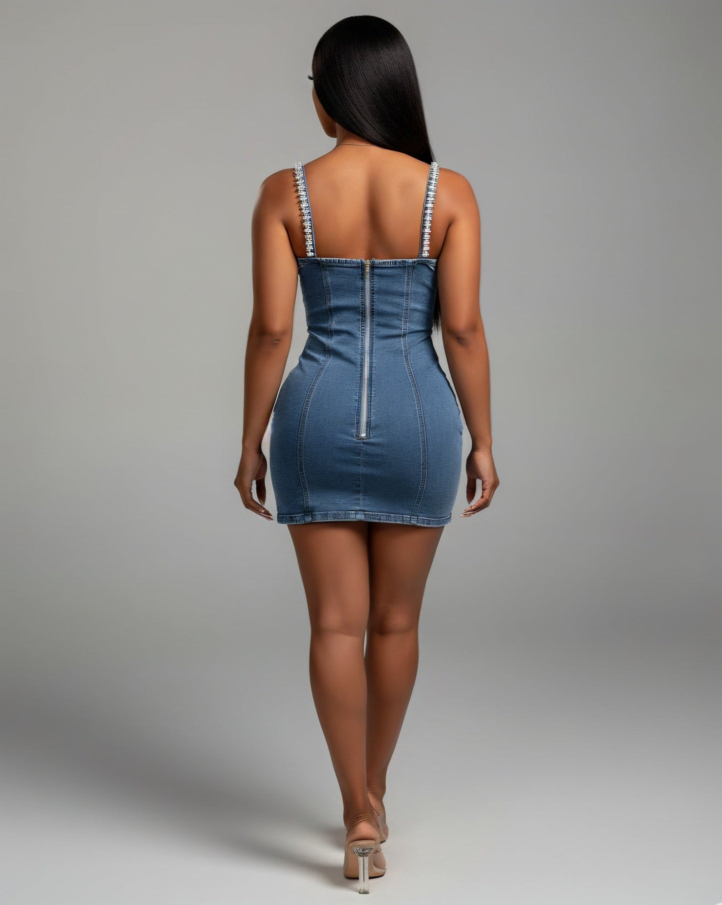 COSETTE Embellished Trim Denim Bodycon Mini Dress