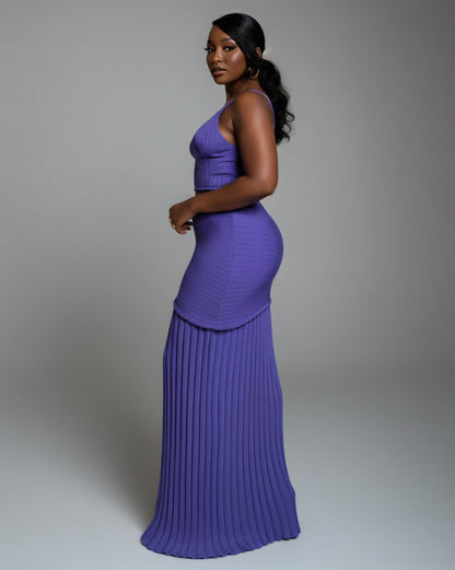VESPERA Ribbed Knit Crop Top & Pleated Maxi Skirt Set