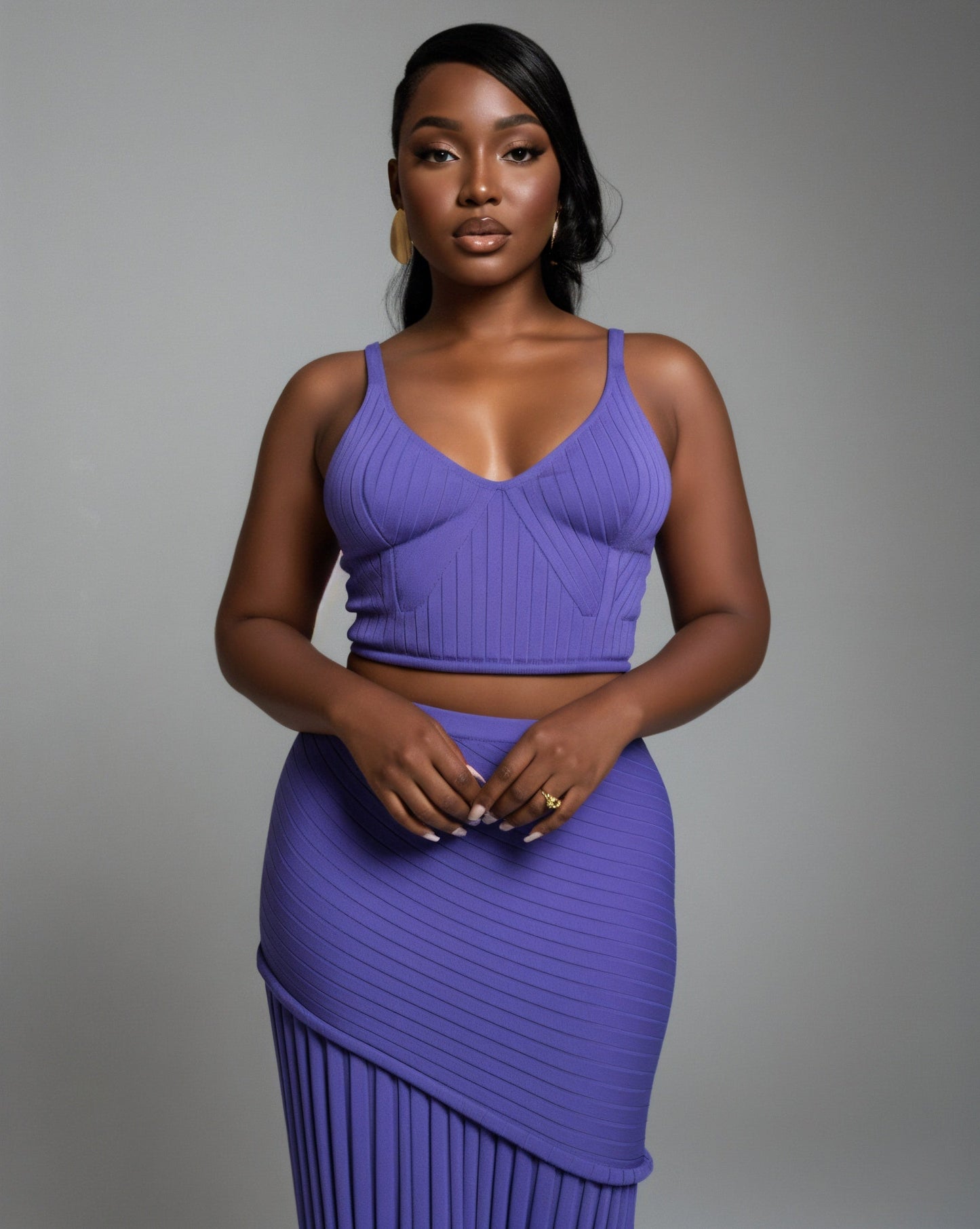 VESPERA Ribbed Knit Crop Top & Pleated Maxi Skirt Set