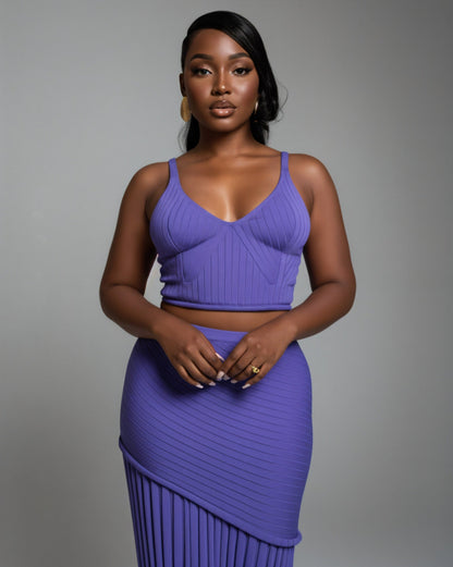 VESPERA Ribbed Knit Crop Top & Pleated Maxi Skirt Set