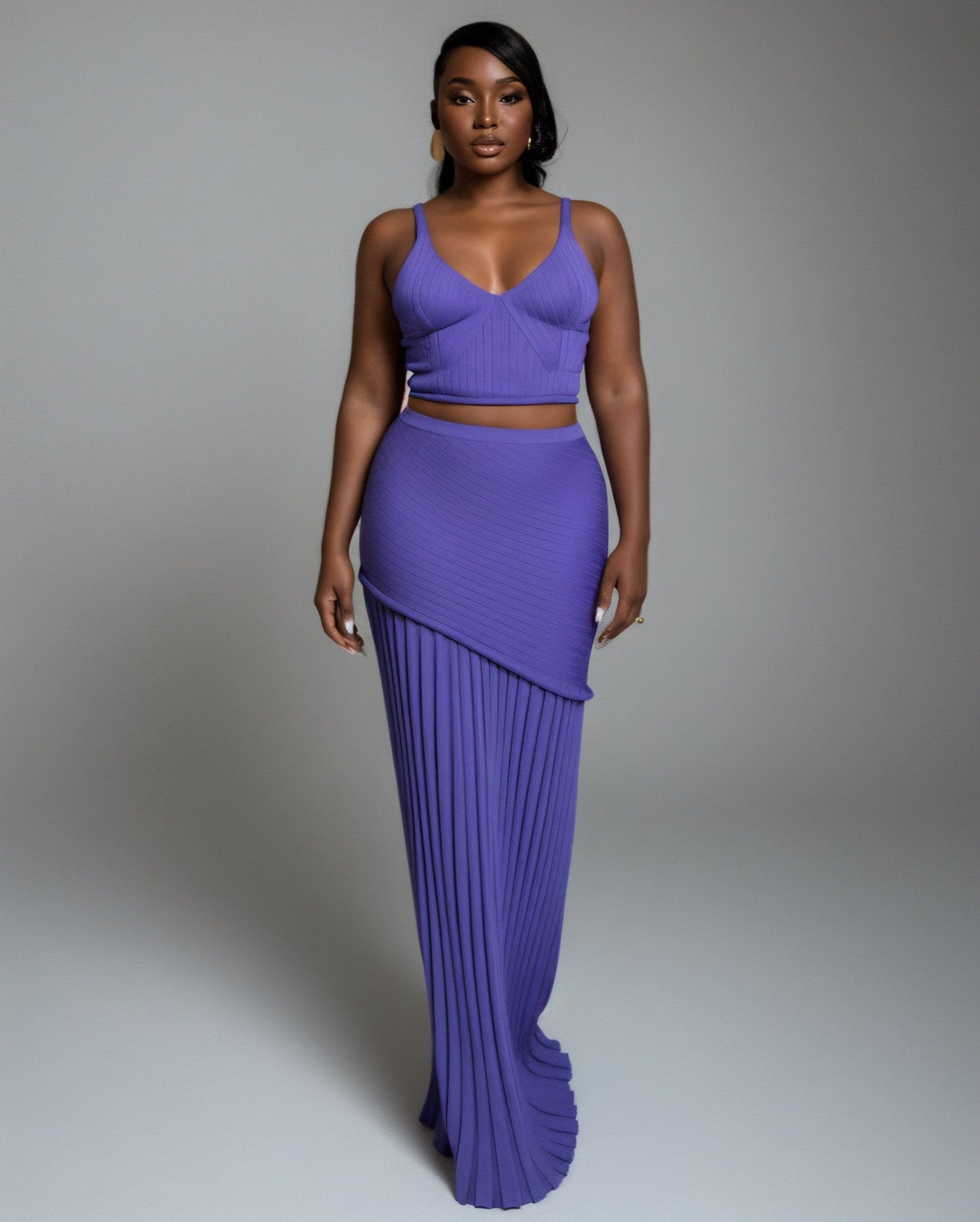 VESPERA Ribbed Knit Crop Top & Pleated Maxi Skirt Set