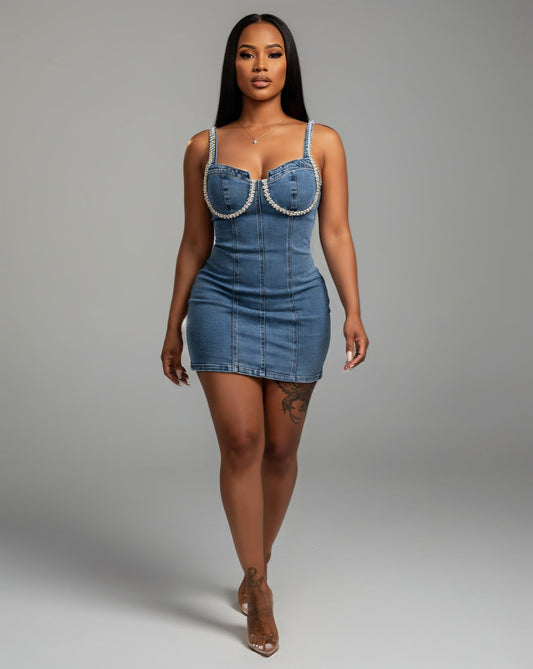 COSETTE Embellished Trim Denim Bodycon Mini Dress