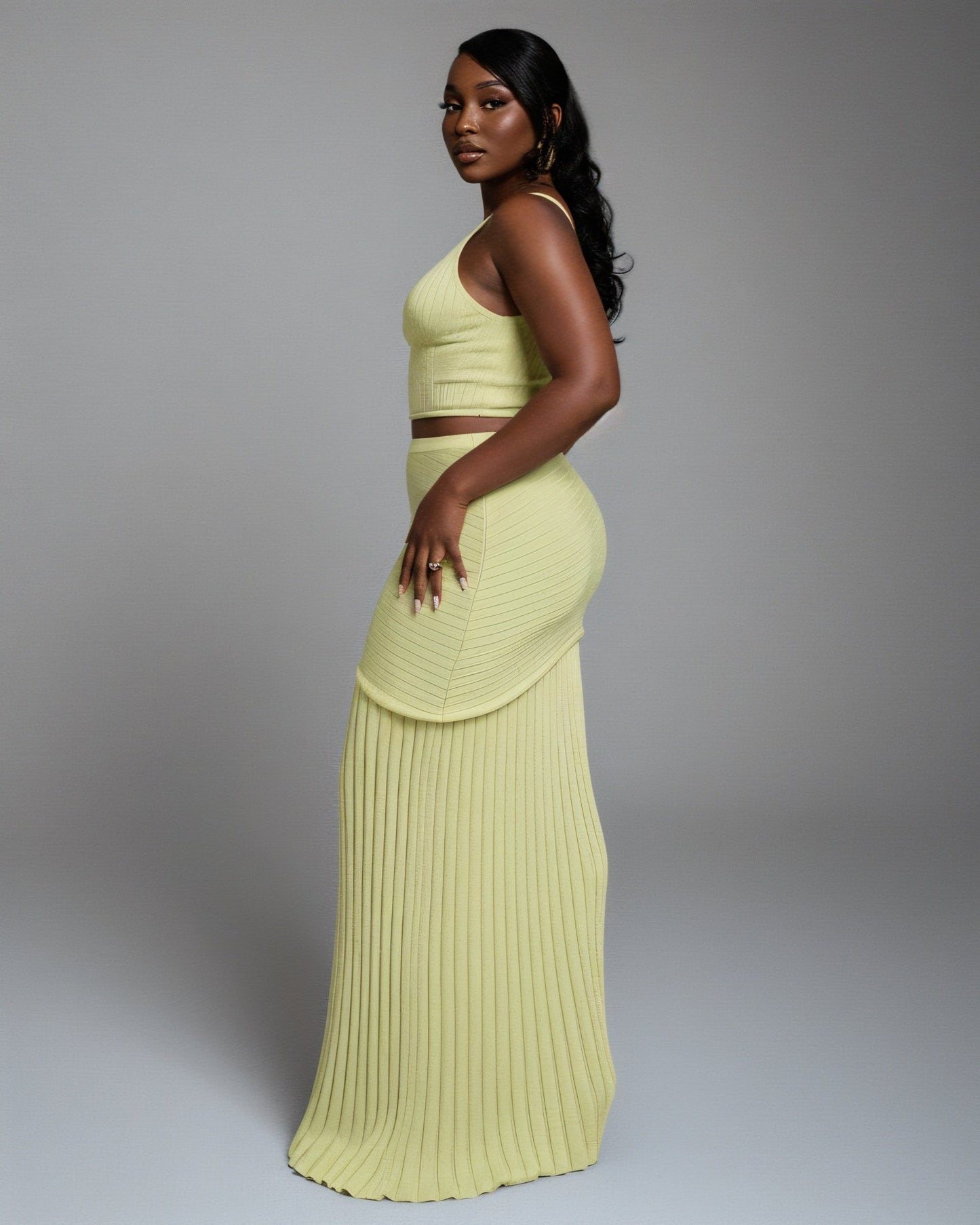VESPERA Ribbed Knit Crop Top & Pleated Maxi Skirt Set