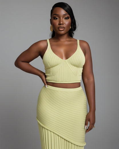 VESPERA Ribbed Knit Crop Top & Pleated Maxi Skirt Set