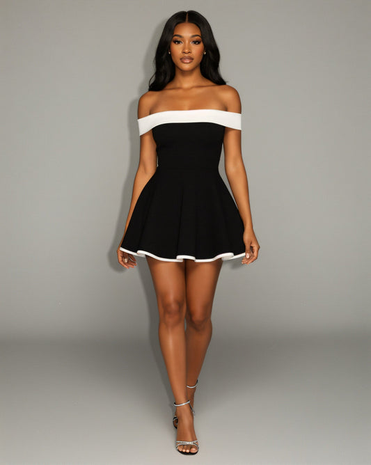 ORLENA Off-Shoulder Contrast Trim Mini Dress