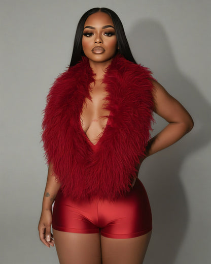 LANNY Deep V Neck Faux Feather Satin Romper