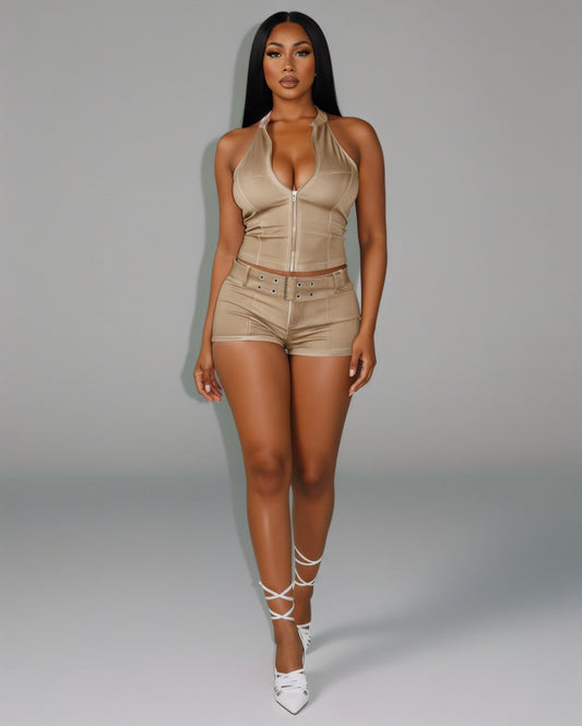 CLARISSA Denim Zip Up Top & Shorts Set